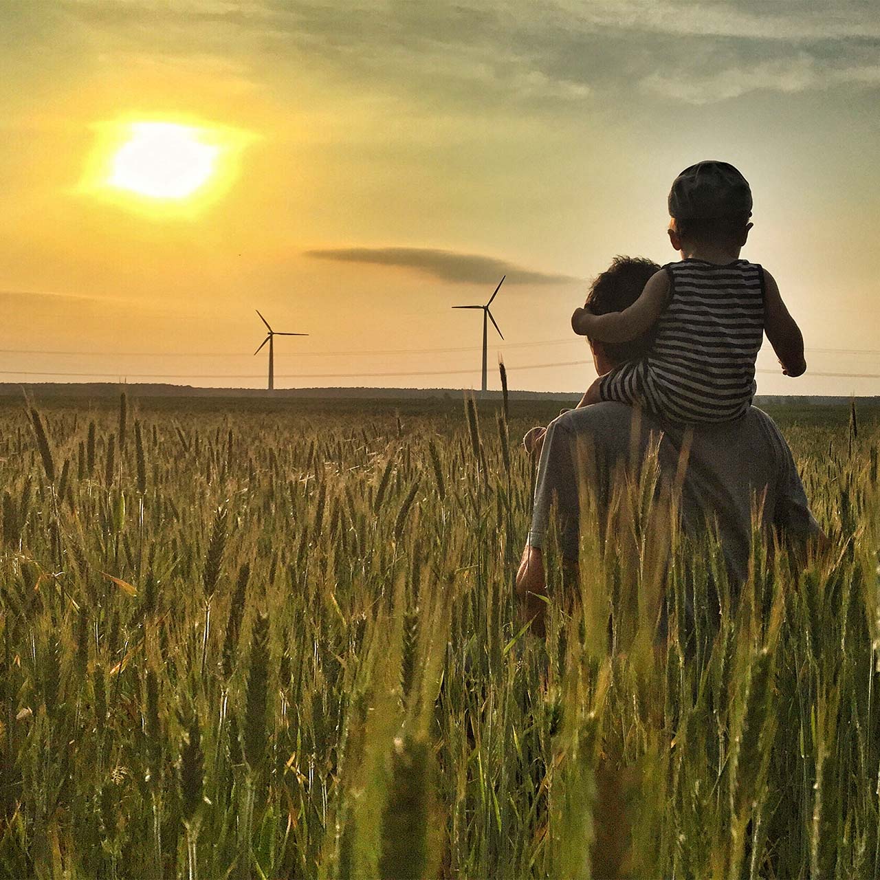 Windenergienutzung Feld mit Windpark Aufnahme eines Feldes mit Vater und Sohn bei Sonnenuntergang